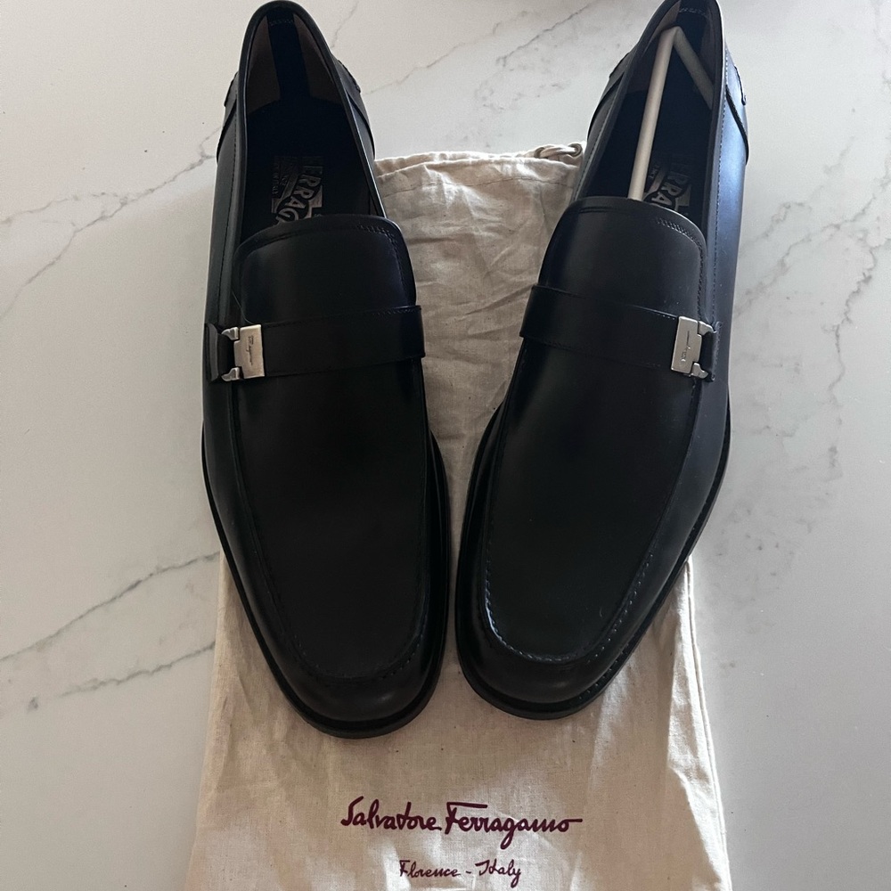 Salvatore Ferragamo Black Loafers with Silver Hardware